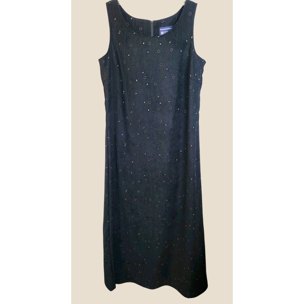 Blue J Midi Black Dress Vintage 90s Minimalist Embroidered Floral Sleeveless M